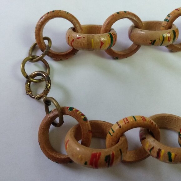 Vintage Wooden Link Ring Necklace Tropical Hand Painted Jewelry Antique Clasp - Picture 6 of 16